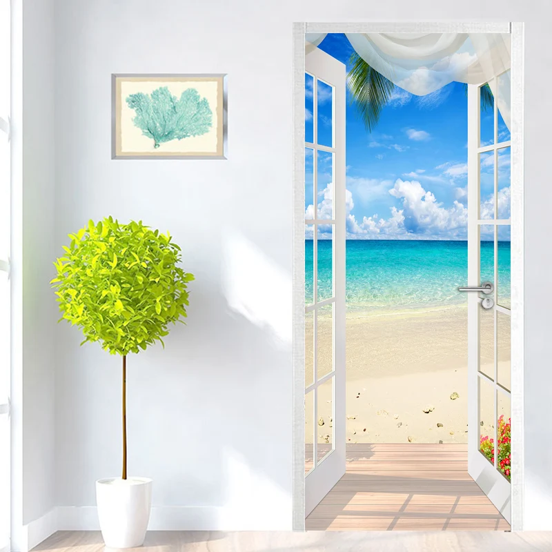 PVC lipnios Durų Lipdukas Langą Smėlio Paplūdimys, Marina 3D Foto Tapetai, Freskos Kambarį Miegamojo Durų Apdailos Lipdukai