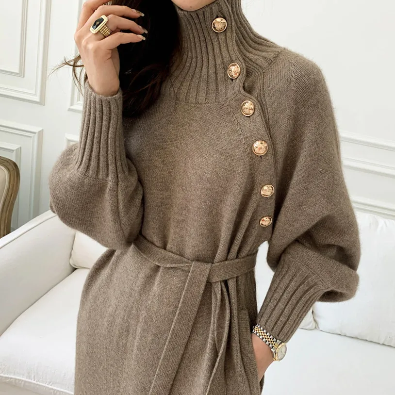 Mados moterų megztinis suknelė 2020 m. rudens ir žiemos nauja gija aukšto kaklo aukso sagtis diržo dizainas megzti suknelę