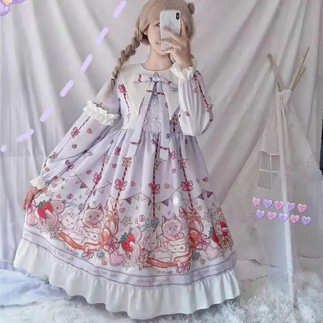 MAGOGO Moterų Saldus OP Lolita Dress Ponios Kostiumas Sailor Apykakle Suknelė Nauja Mados Originalus ilgomis Rankovėmis Suknelė INS KARŠTO