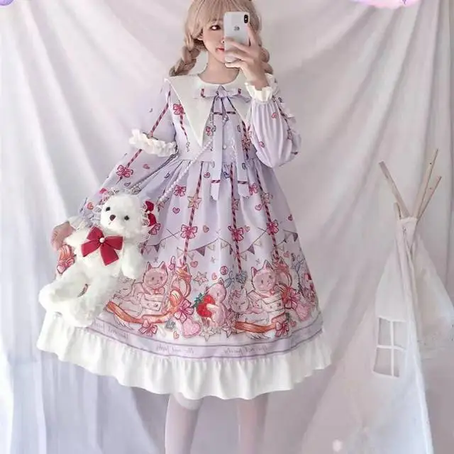 MAGOGO Moterų Saldus OP Lolita Dress Ponios Kostiumas Sailor Apykakle Suknelė Nauja Mados Originalus ilgomis Rankovėmis Suknelė INS KARŠTO