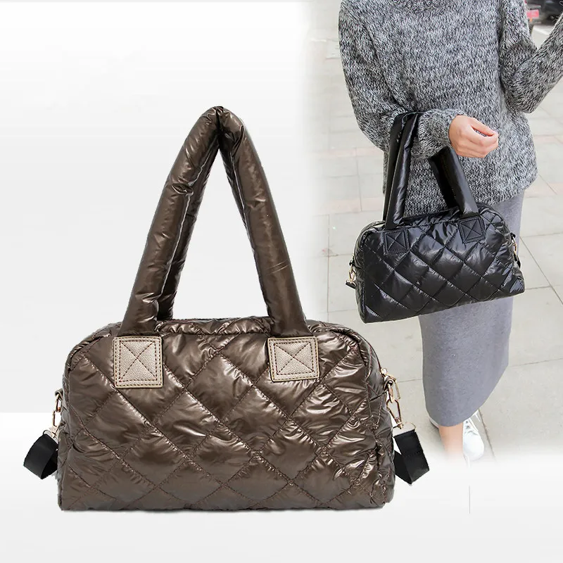 2020 naujas Bale žiemos krepšys moterims Atsitiktinis medvilnės kosmoso dygsniuotas plunksnų maišelis moterų Grillwork rankinėje pečių maišą