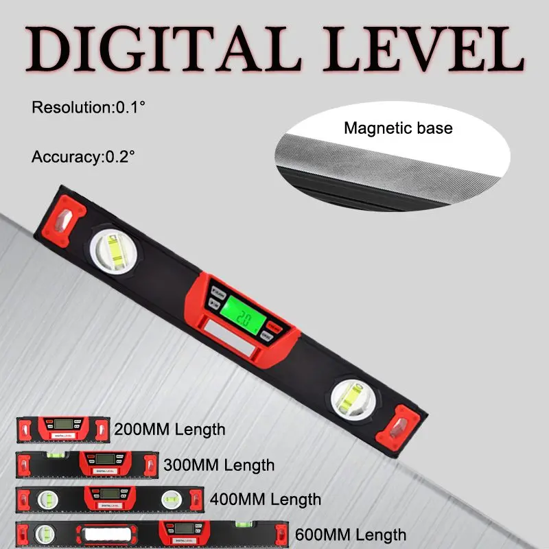 200/300/400/600mm Skaitmeninis Matlankis Kampo Ieškiklis elektroninis Lygio 360 laipsnių Inclinometer su Magnetais kampas šlaito testeris Valdovas