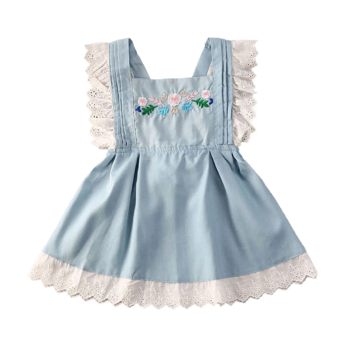2020 Bamblys Kūdikiams, Vaikams, Vaikų Baby Girl Dress Berankovis Vasaros Gėlių Backless Džinsinio Audinio Drabužius Mėlynos Spalvos Nėrinių Saldus Princesė