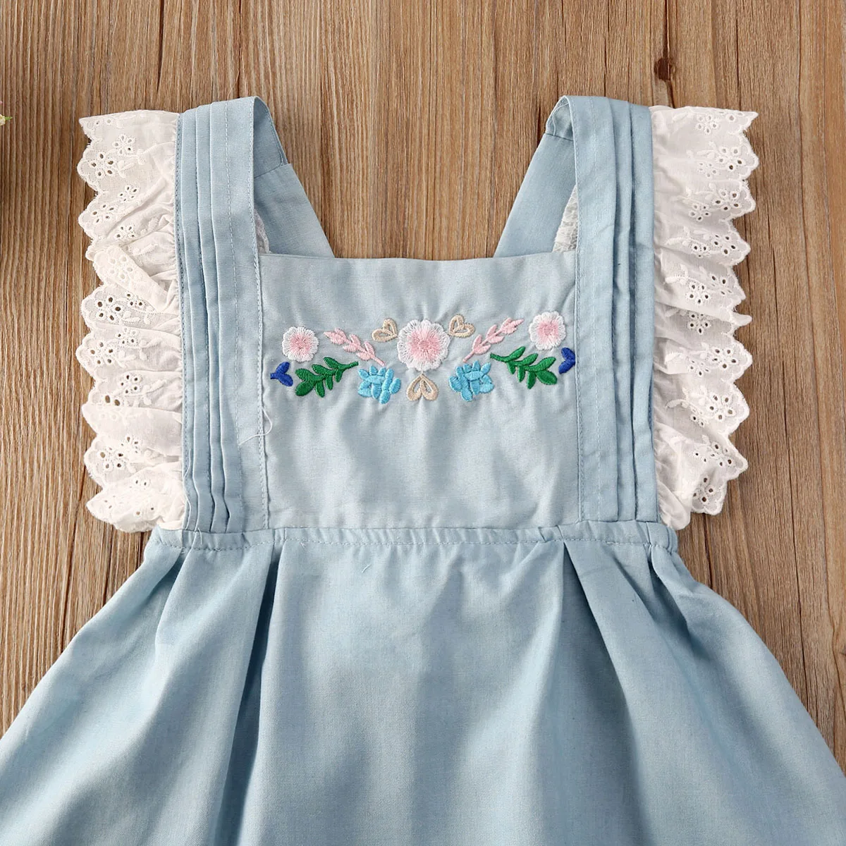 2020 Bamblys Kūdikiams, Vaikams, Vaikų Baby Girl Dress Berankovis Vasaros Gėlių Backless Džinsinio Audinio Drabužius Mėlynos Spalvos Nėrinių Saldus Princesė