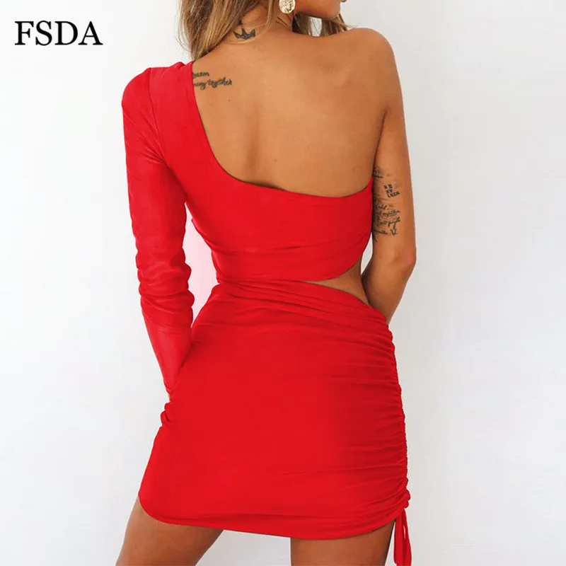 FSDA Juoda Raudona Balta Vieną Petį Long Sleeve Ruched Bodycon Seksualus Klubas Suknelės Moterims Vasaros Elastinės Medvilnės Suknelė Vestidos