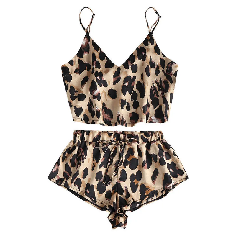 Moterų Atlasas Leopard pižama nustatyti Rankovių Pasėlių Viršuje Šortai pyjama femme apatinis trikotažas Sleepwear Naktį Kostiumas mielas dessous
