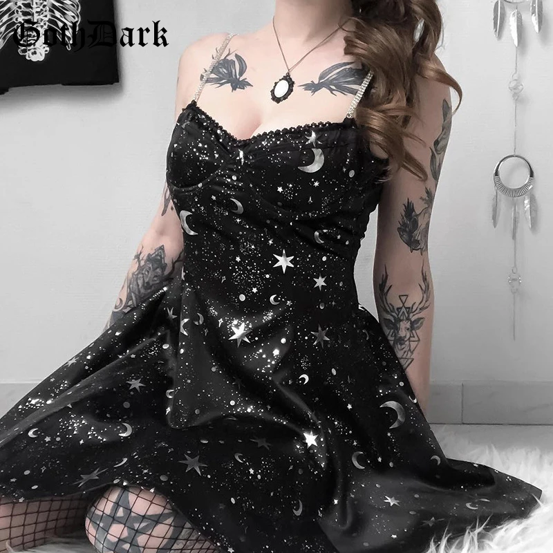 Goth Tamsiai Spausdinti Elegantiškas Grunge Gotikos Moterų Suknelės, Plisuotos Vasaros Mados Backless Spageti Dirželis Suknelė Seksualus Harajuku Punk