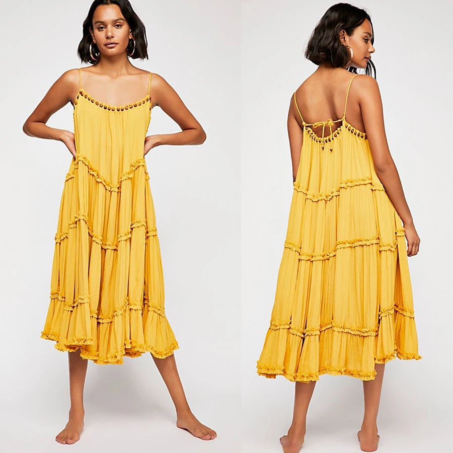 TEELYNN kietas geltonas boho suknelė seksualus rankovių dirželis Vasaros paplūdimio suknelės dėvėti laisvus ilgos suknelės moterims prabangus medvilnės Vestido
