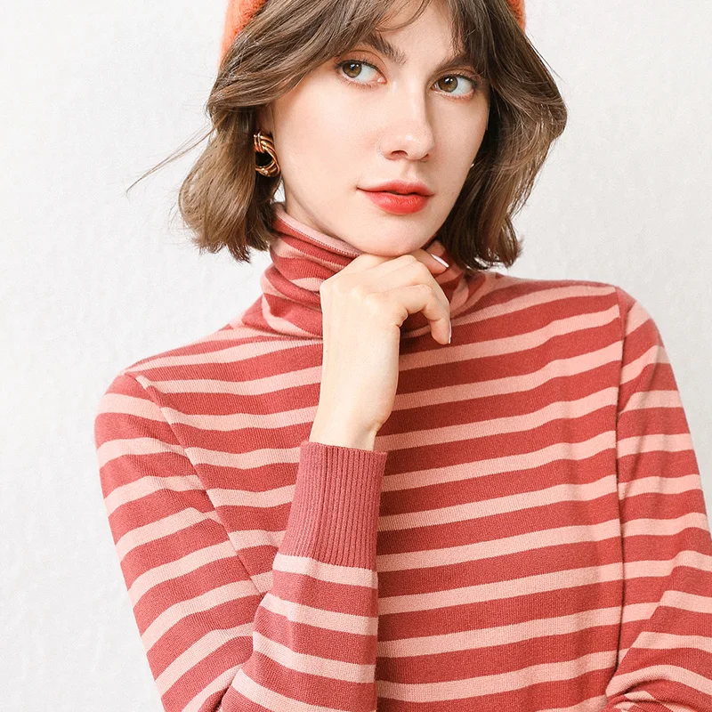 2019 m. rudens ir žiemos naujas megztinis pusę-aukštos apykaklės, moterų ilgas rankovėmis dugno marškinėliai mados horizontaliai dryžuotas megztinis