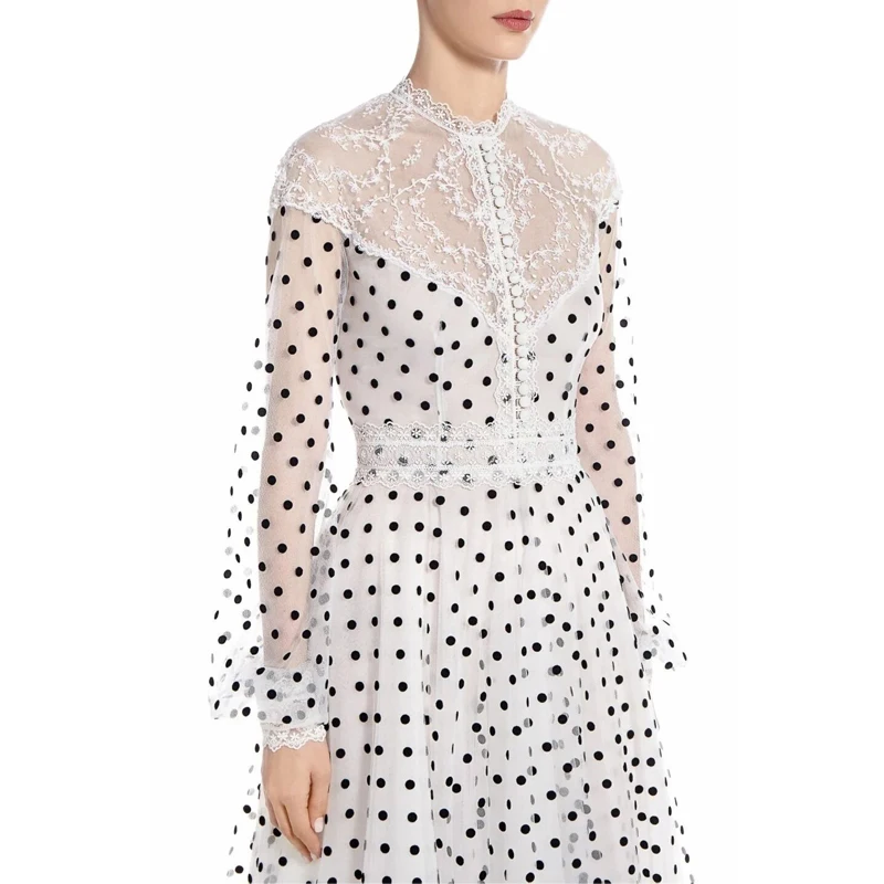 Rudens Derliaus Nėrinių Kratinys Polka Dot Maxi Suknelės Moterims 2020 Kilimo Ir Tūpimo Tako Dizainerių Ilgomis Rankovėmis Plisuotos Šifono Suknelė