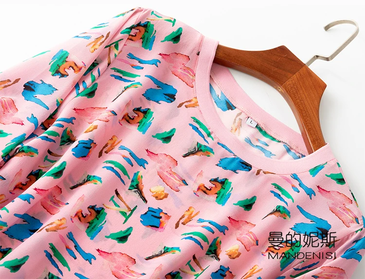 Moterų Gryno Šilko mielas apvalios kaklo trumpomis rankovėmis Ilga Suknelė Rožinės Spausdinti M L XL MM009
