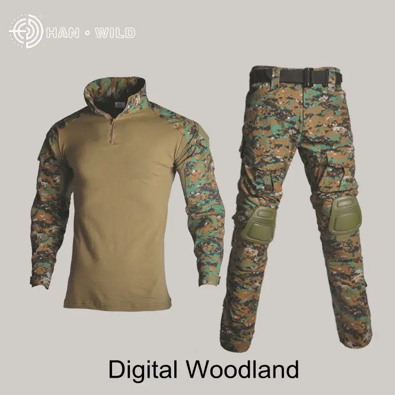 Taktinis Armijos Uniformą Lauko Miško, Medžioklės Airsoft Vienodas Camo Ghillie Kostiumas Kovoti Marškinėliai + Kelnės Su Nuimamais Alkūnės Pagalvėlės