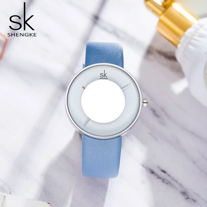 SK Naujų Kūrybinių Nešiojamų Veidrodis Dial Stiklo Moterų Žiūrėti Mėlynos spalvos Odinis Dirželis Prekės ženklo Mados Kvarco Reloj Mujer Laikrodžiai Moteriškas