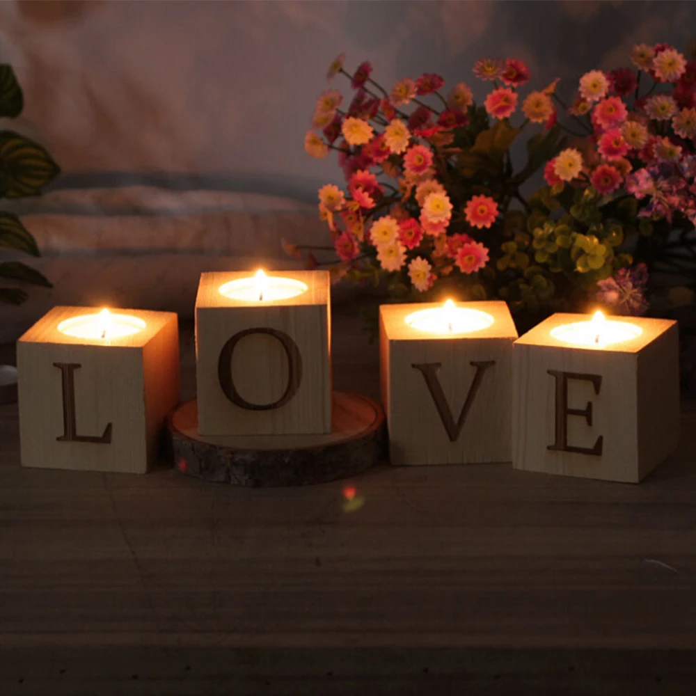 4 Vnt. Meilės Laiškus Medinė Arbatos Šviesos Žvakių Laikikliai Vestuves Gimtadienis Dekoro Natūralių Žvakių Laikikliai Apdailos Monden