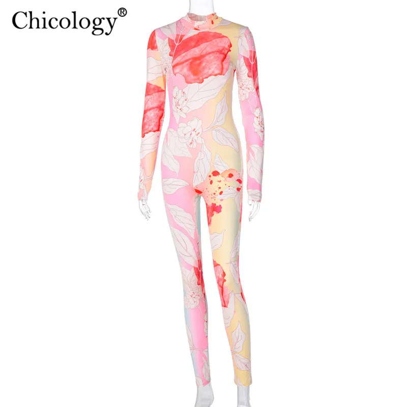 Chicology gėlių spausdinti fitneso treniruotės jumpsuit ilgomis rankovėmis bodycon moterų streetwear 2020 m. rudenį, žiemą spalvingų seksualus drabužiai