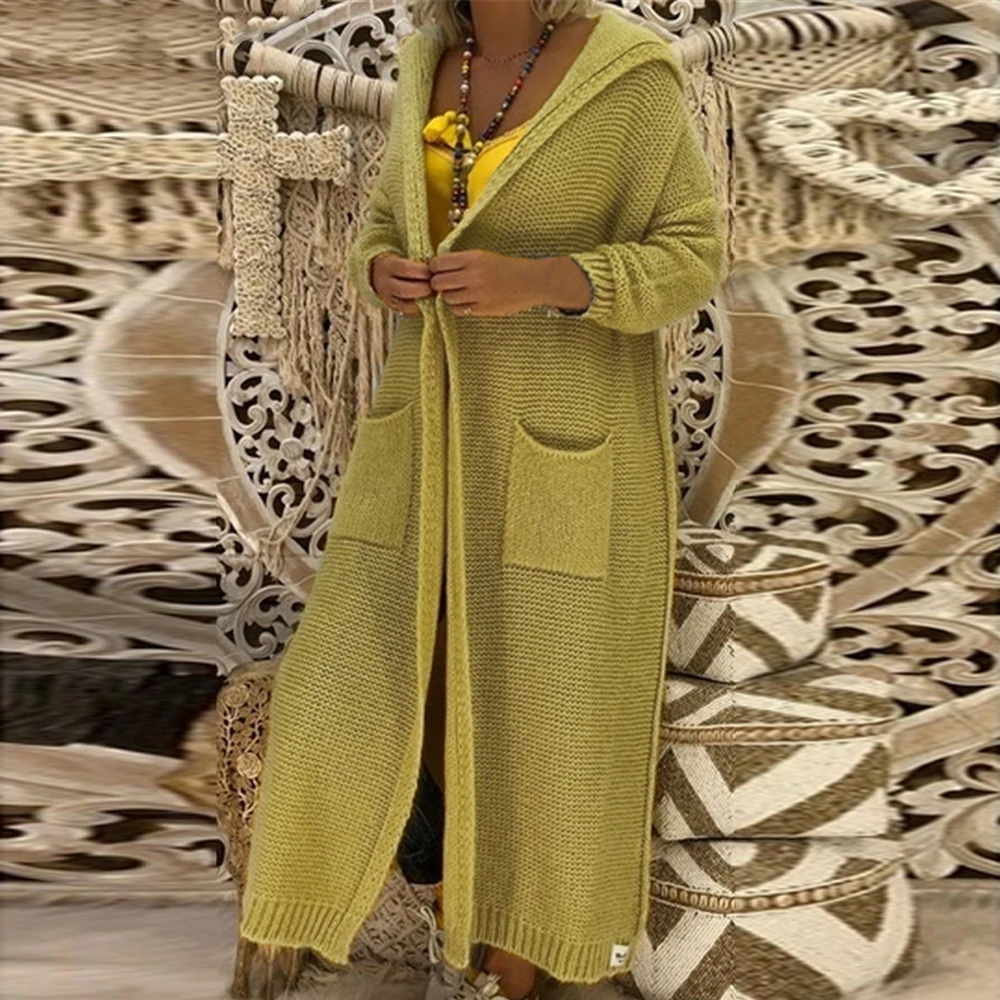 Megztiniai 2019 Ilgas Megztas Megztinis Moterų Mados Dvigubos Kišenės Viršuje Megztinis Femme Gobtuvu Sweters Mujer Kailis Streetwear