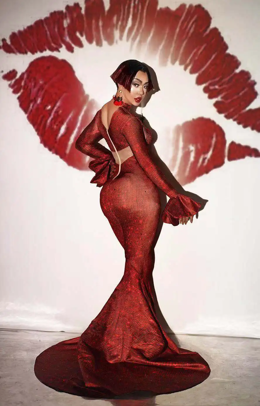 Mados Moterų Vakare Šalies Cirkonio Mermaid Dress Gimtadienio Švęsti Raudoni Kristalai Liesas Slidinėti Suknelė Dainininkas Ilga Suknelė
