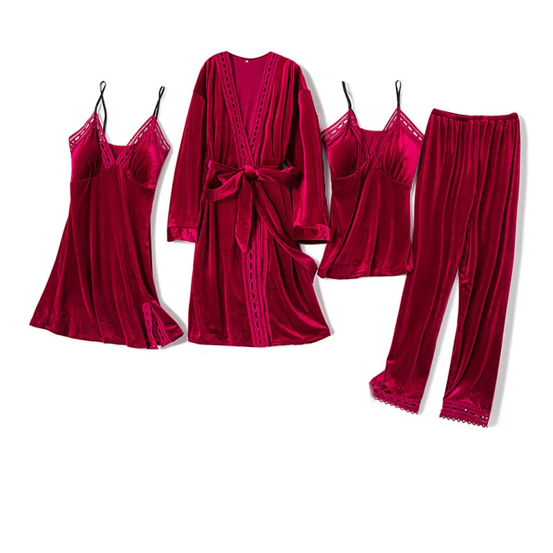 Šiltas Moterų Pižama Sustorėjimas Sleepwear 4 Gabalus Aukso Aksomo Pižama Nustatyti Laisvas Didelio Dydžio, Ilgomis Rankovėmis Moteriška Namų Drabužiai