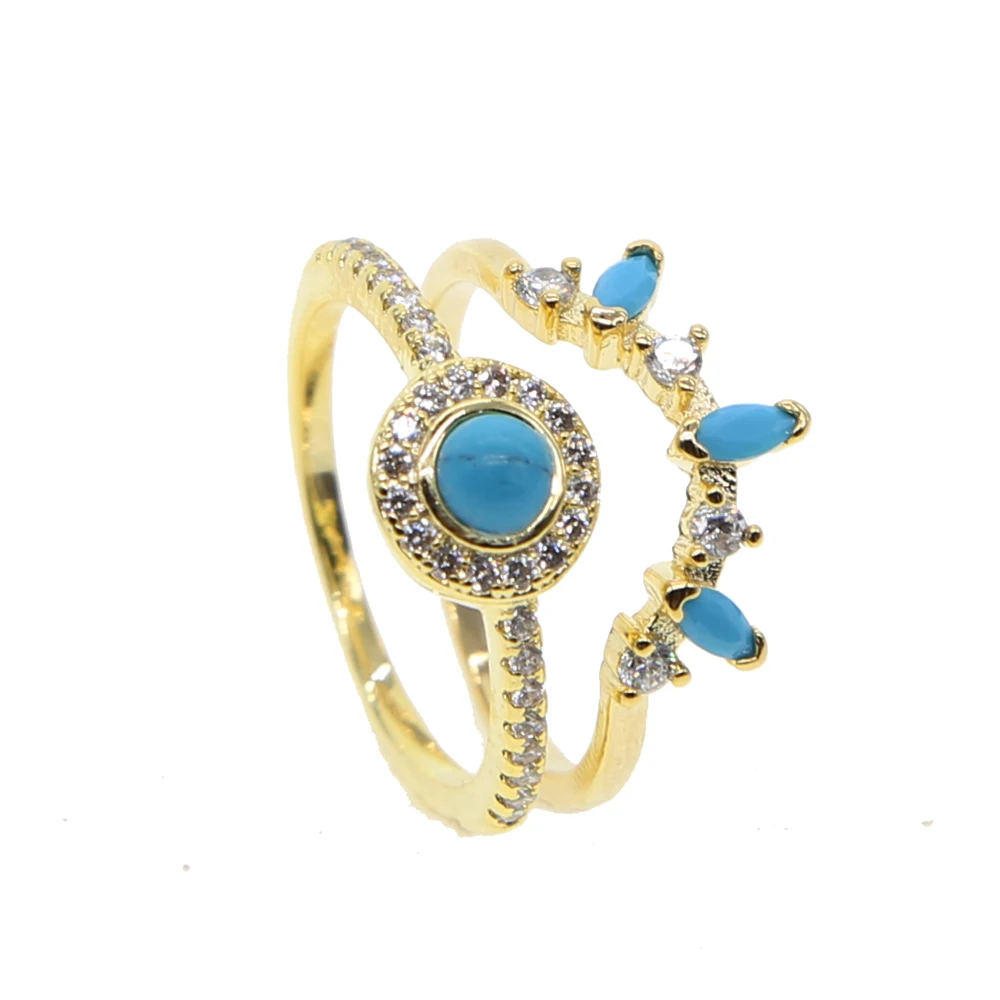 AUKSO SPALVOS papuošalų mados žiedas nustatyti nutiesti balta cz mėlyna turquoises akmens mados moterų visiškai piršto sužadėtuvių moterų žiedai
