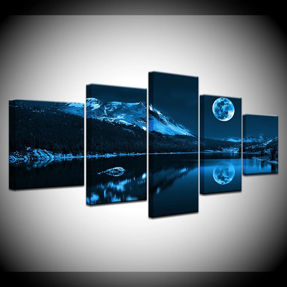 Šiuolaikinė Apdaila, Namo Sienos Meno Modulinės Nuotraukas Drobė 5 vnt Abstract Blue Moon Night Scene Paveikslų HD Spausdinimo Sistema