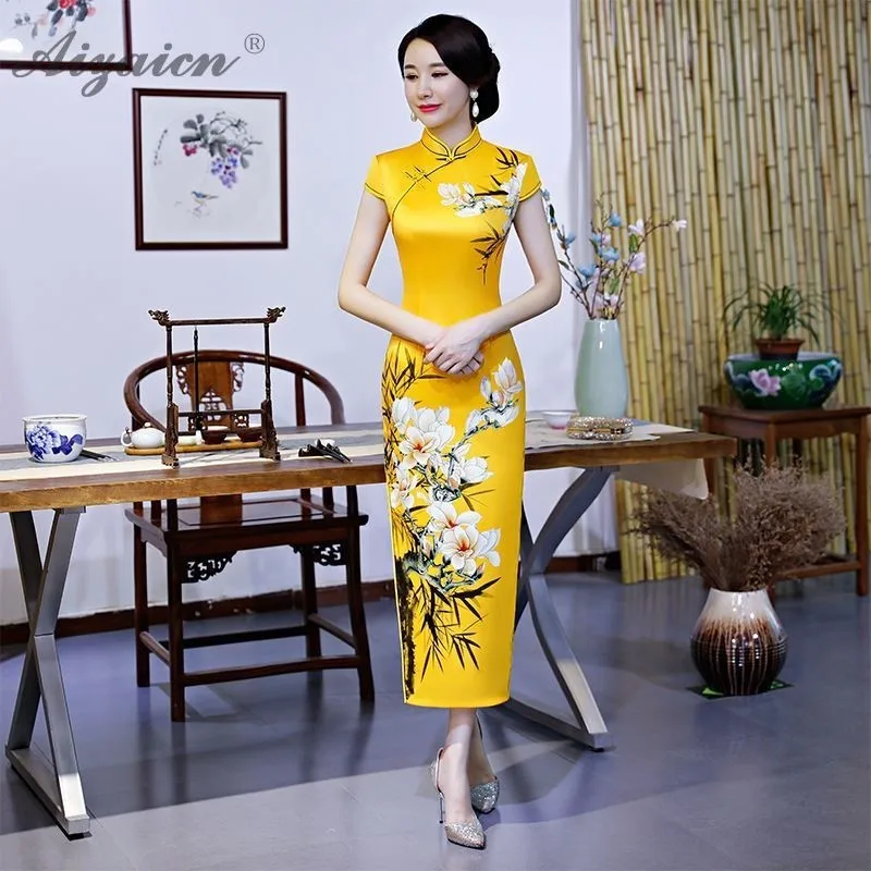 Geltonos Spalvos Elegantiškas Retro Spausdinimo Cheongsam Ilgos Suknelės Qi Pao Moterų Kinijos Tradicinių Drabužių Suknelė Qipao Panašių Šilko Skraiste