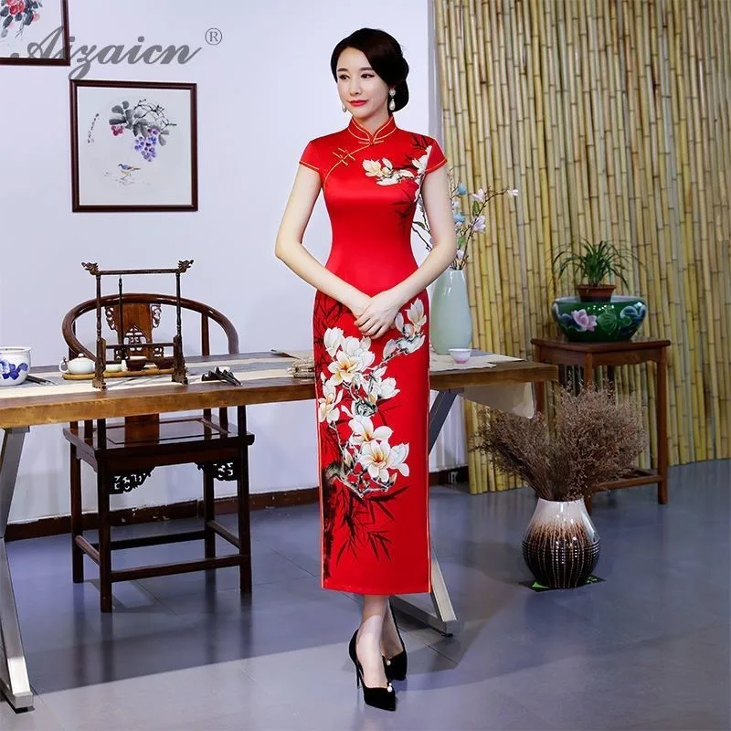 Geltonos Spalvos Elegantiškas Retro Spausdinimo Cheongsam Ilgos Suknelės Qi Pao Moterų Kinijos Tradicinių Drabužių Suknelė Qipao Panašių Šilko Skraiste