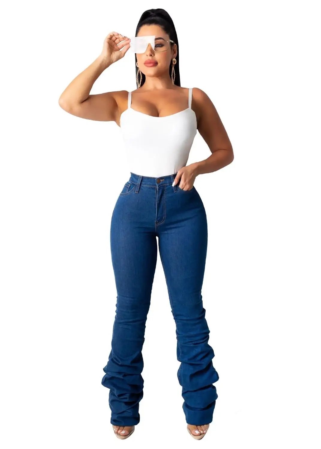 2020 m. Rudenį Karščiausių Moterų vientisos Spalvos Džinsinio audinio Kelnės Streetwear Moterų Klasikinio Aukšto Juosmens Bodycon Plisuotos Sukrauti Džinsai