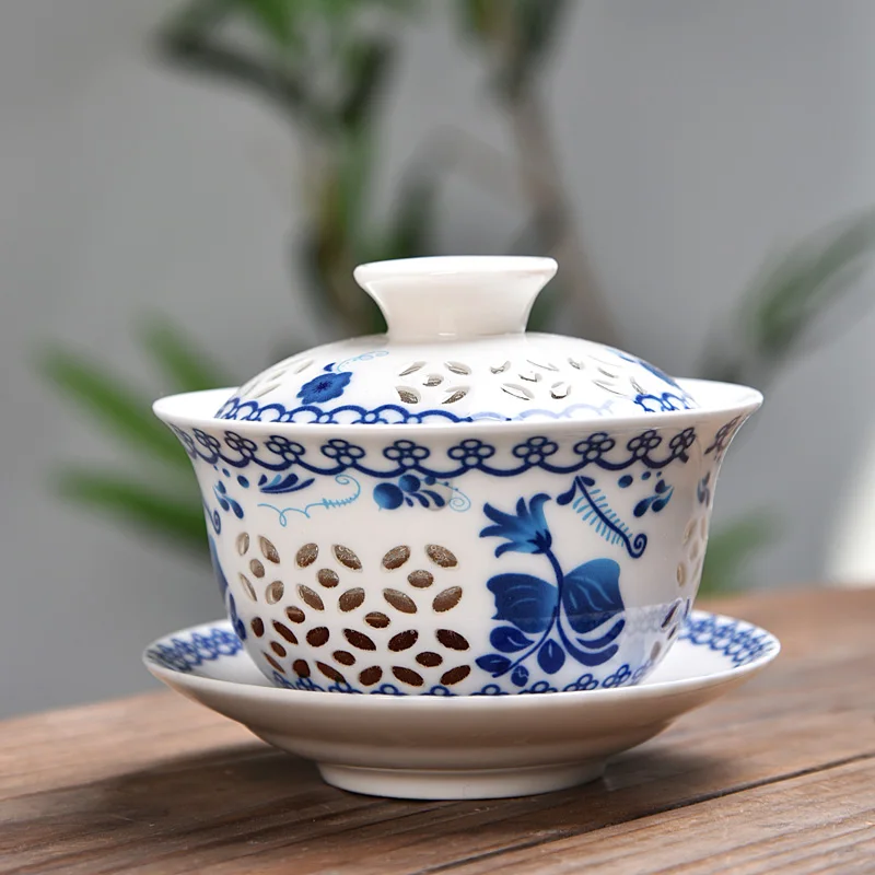 Tuščiaviduriai Korio Kung Fu Arbatos Rinkinys, Mėlynos ir Baltos spalvos Porceliano Gaiwan Keramikos arbatos ware tureen