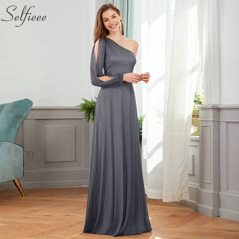 Elegantiškas Pilkos Moterų Suknelė-Line Vieną Petį Asimetriškas Iškirpte Sparkle Ilgas Šalis Suknelė Ponios Sexy High Street Wear 2020 M.