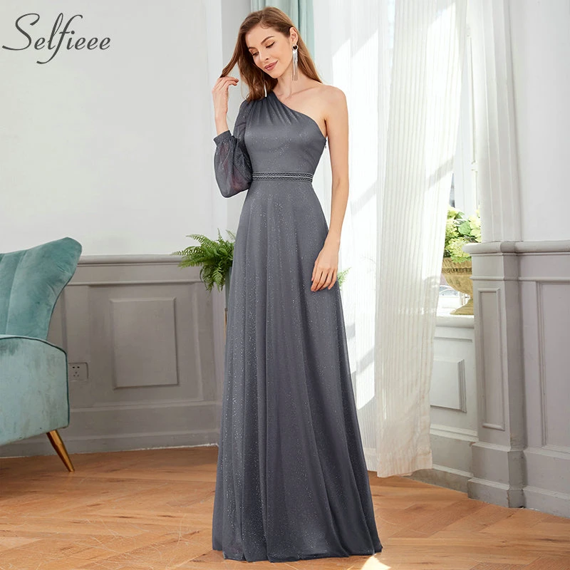 Elegantiškas Pilkos Moterų Suknelė-Line Vieną Petį Asimetriškas Iškirpte Sparkle Ilgas Šalis Suknelė Ponios Sexy High Street Wear 2020 M.