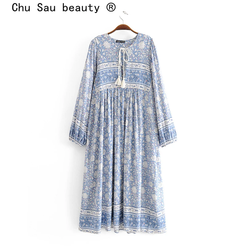 Chu Sau grožį 2019 Naujas Boho Mėlyna Balta Gėlių Spausdinti Maxi Suknelė Moterų Paplūdimio Stiliaus ilgomis Rankovėmis Mados Motinos Ilgos Suknelės