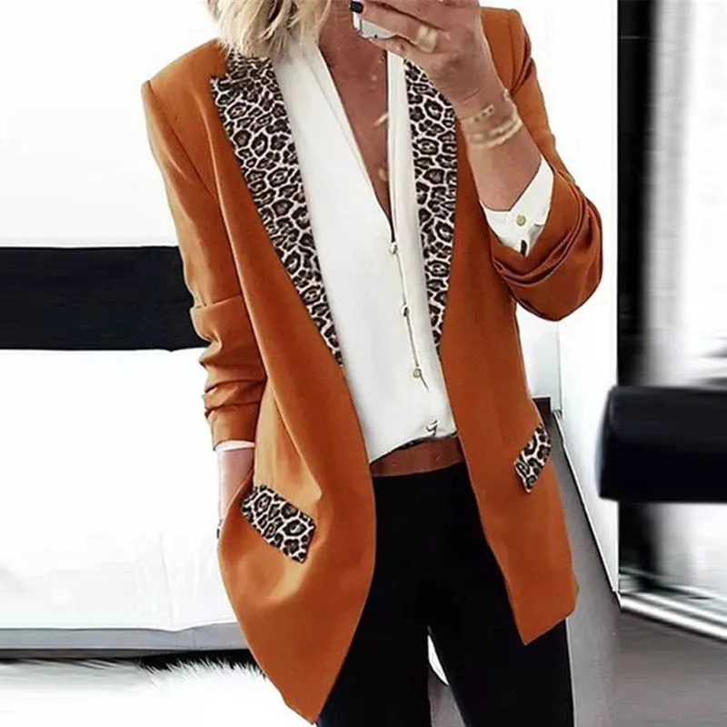 Rudenį Office Lady Leopardas Spausdinti Švarkas Elegantiškas Turn-Žemyn Apykaklės ilgomis Rankovėmis Megztinis Viršūnes Moterų Kratinys Plonas Kailis Outwear 3XL