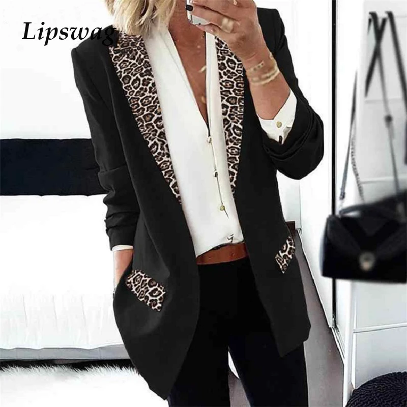 Rudenį Office Lady Leopardas Spausdinti Švarkas Elegantiškas Turn-Žemyn Apykaklės ilgomis Rankovėmis Megztinis Viršūnes Moterų Kratinys Plonas Kailis Outwear 3XL