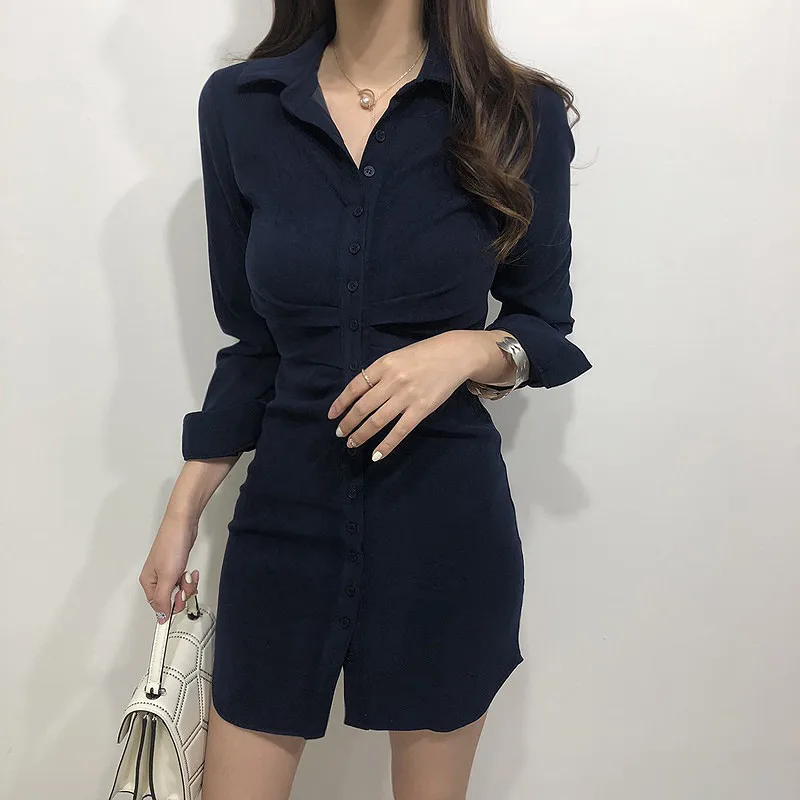 2020 M. Pavasarį Elegantiškos Suknelės Moterų Temperamentas Office Lady Korėjos Stiliaus Dizainas, Plonas Pieštuko Mygtuką Marškinėliai Suknelė J219