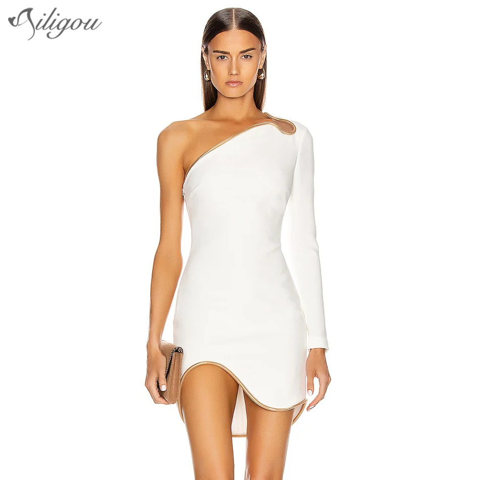 Ailigou Kalėdų 2020 M. Žiemos Mini Suknelė Moteriškas Iškirpti Baltas Tvarstis Suknelė Ilgomis Rankovėmis Leotard Naktiniame Klube Šalis Suknelė