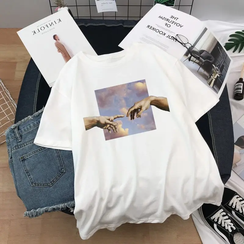 Mikelandželas Spausdinti Marškinėlius Vasarą Moterys T Shirts, Negabaritinių Prarasti Atsitiktinis Marškinėliai, Harajuku Streetwear Viršūnes Moterų marškinėliai Drabužių