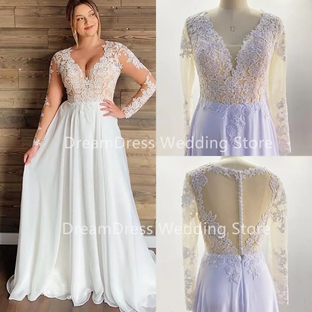 Plus Size Vestuvių Suknelės ilgomis Rankovėmis Šifono Vien Nėrinių Aplikacijos V-kaklo, Visas Ilgis White Beach Nuotakos Suknelė 2020 M. Aukštos kokybės