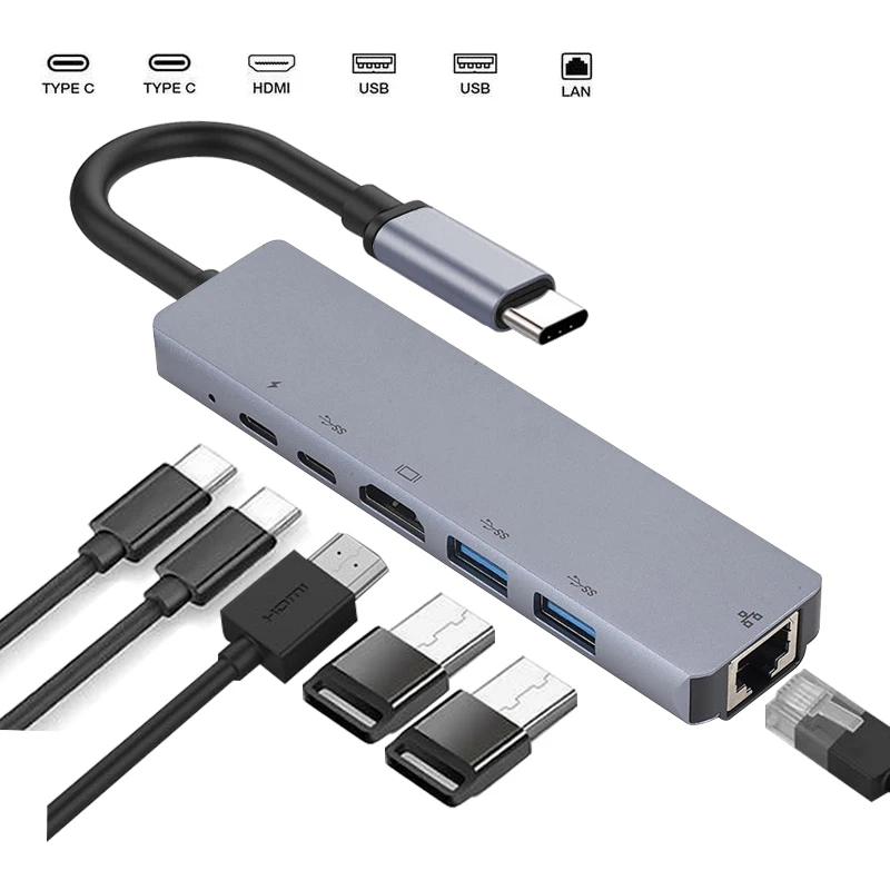 8 1 Aliuminio Lydinio USB-C HUB Tipo C Iki HDMI+USB 3.0+PD Įkrovimo Kabelis RJ45 Ethernet Micro SDTF OTG Adapterio 6 1 5 1