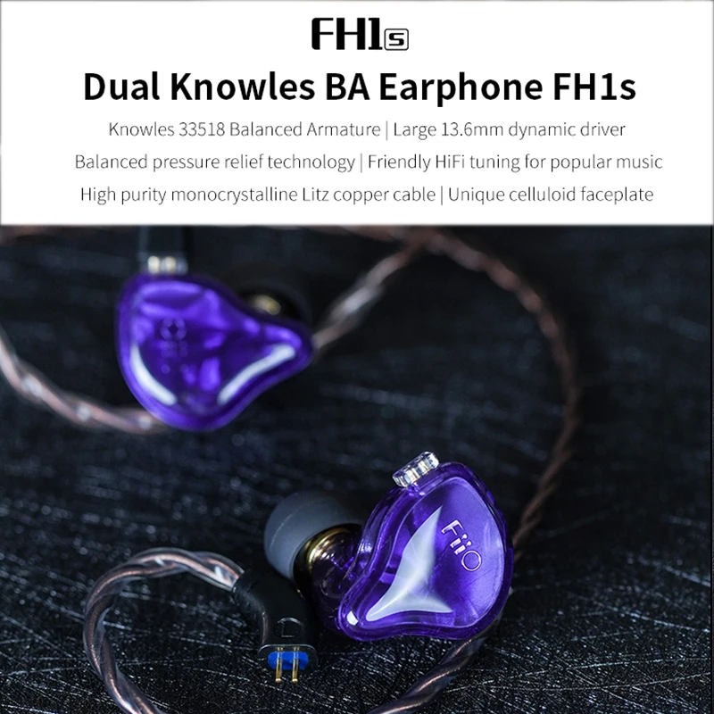 FiiO FH1s Hi-Res 1BA+1DD(Knowles 33518,13.6 mm Dinaminis) In-ear Ausinės IEM su 2pin/0.78 mm Nuimamas Laidas Populiariosios Muzikos