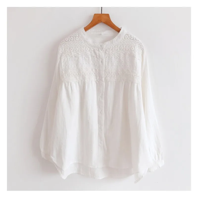 Minkštas mergina Stovėti apykaklės, siuvinėjimo saulėgrąžos kratinys ilgomis rankovėmis balta medvilnė , marškinėliai palaidinė