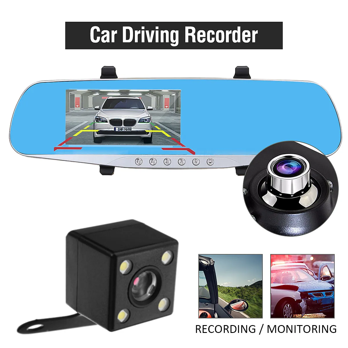 4.3 colių TFT LCD Automobilinis Auto Veidrodis Stebėti DVR Dual Lens Brūkšnys Cam Vaizdo įrašymo Kameros + galinio vaizdo Kamera IR Night Vision