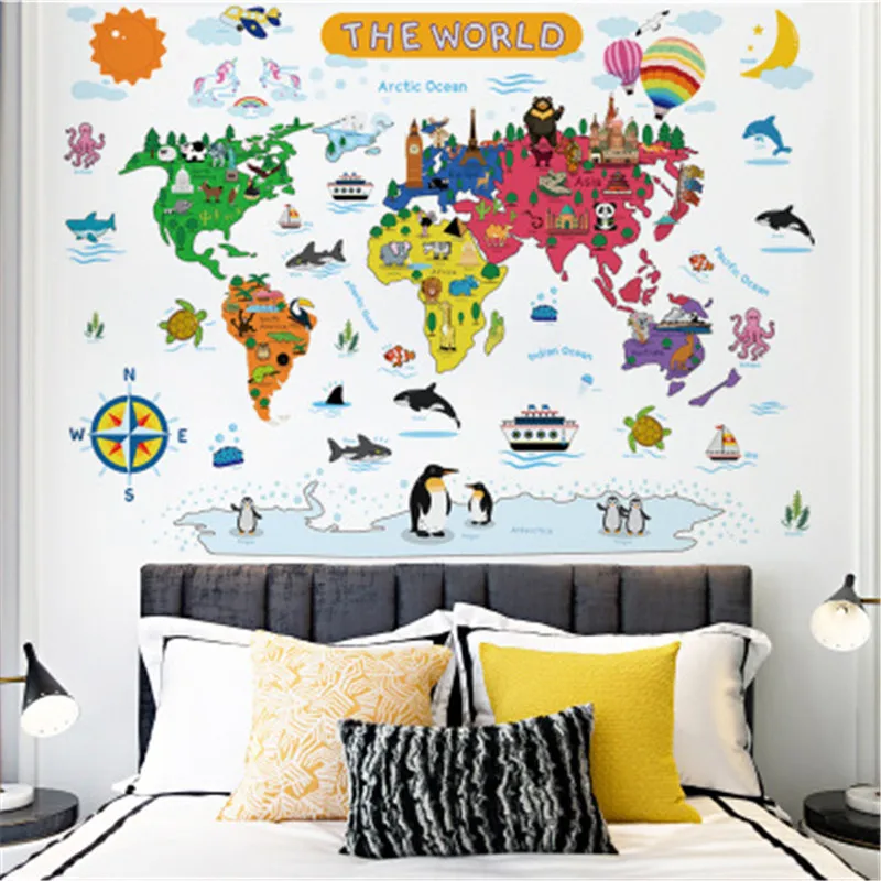 Animacinių Filmų Gyvūnų Pasaulio Žemėlapyje Sienų Lipdukai Vaikų Kambario Namų Dekoro Office Meno Lipdukai Vaikų Miegamasis Pasaulio Sieninis Žemėlapis Meno Plakatai