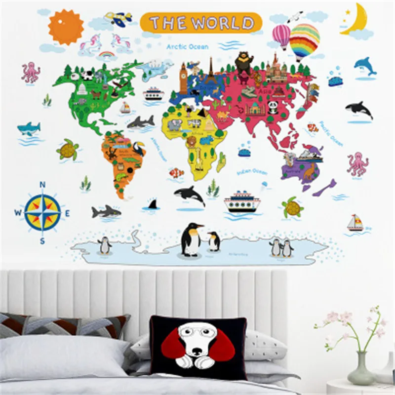 Animacinių Filmų Gyvūnų Pasaulio Žemėlapyje Sienų Lipdukai Vaikų Kambario Namų Dekoro Office Meno Lipdukai Vaikų Miegamasis Pasaulio Sieninis Žemėlapis Meno Plakatai
