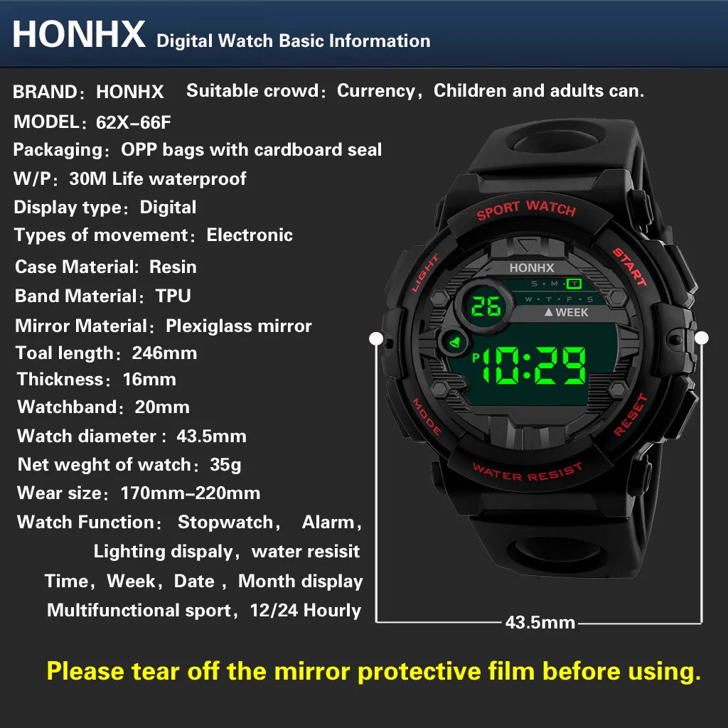 Mados Žiūrėti Vyrų Reloj Hombre Mens Skaitmeninis LED Lauko Sporto Elektroniniai Laikrodžiai HONHX Prabanga Data Riešo Žiūrėti Padėkos Dovana