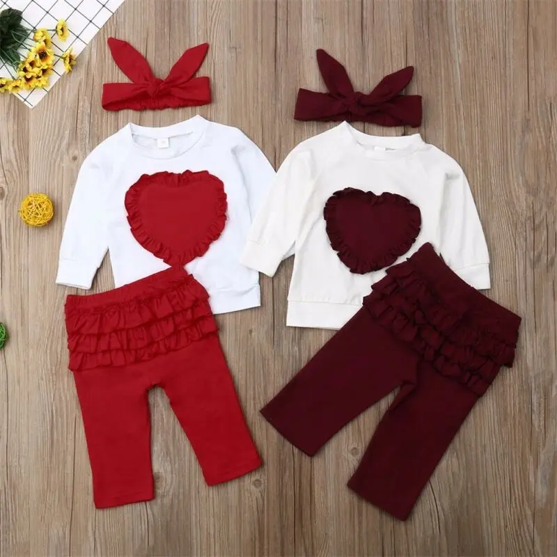 3pcs Bamblys Kūdikių Mergaičių Širdies formos ilgomis rankovėmis Vaikiški marškinėliai Topai Ilgos Kelnės, Antblauzdžiai Lankelis Rudens-Žiemos Drabužius Mergina