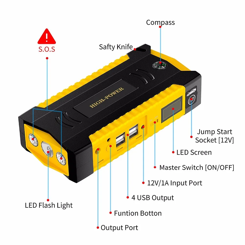 Automobilių Šuolis Starteris 4 USB LED Avarinis Baterijos Stiprintuvas Galia Banko 12V Su Saugos Plaktukas Kompasas