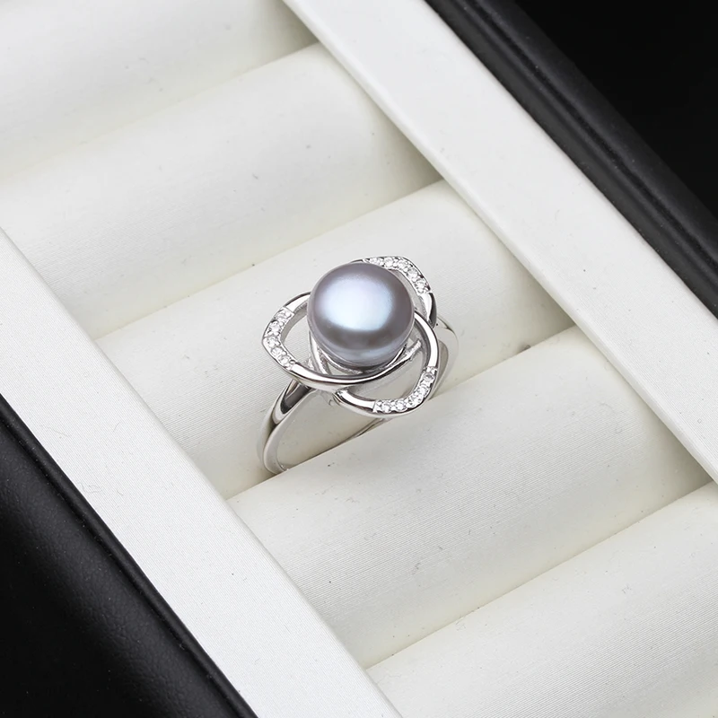 925 Sterlingas Sidabro Natūralių Gėlavandenių Perlų AAA Cirkonis Mados Žiedai, Papuošalai Moterims, 8-9mm Pearl Reguliuojamas Žiedai