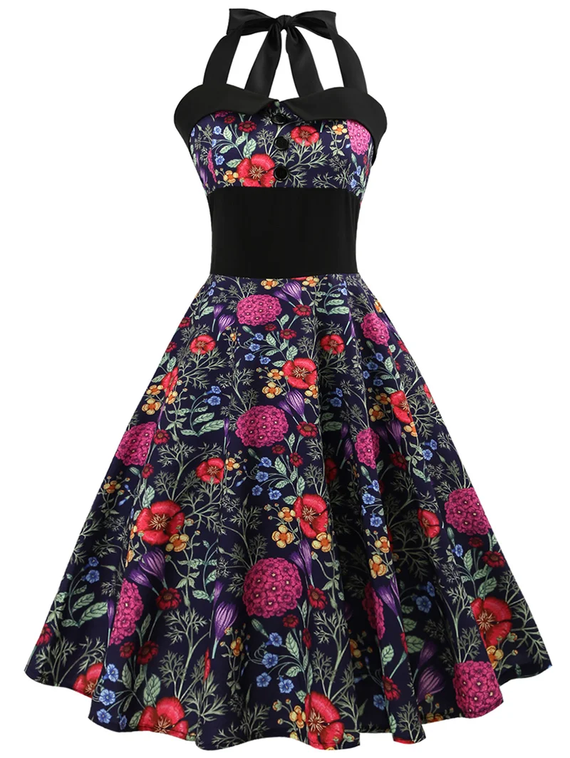 2018 Dobilų Gėlių Spausdinti Vintage Suknelė Moterims Apynasrio Pin Iki Vasaros Suknelė Audrey Hepburn 50s Rockabilly Retro Swing Šalis Suknelės