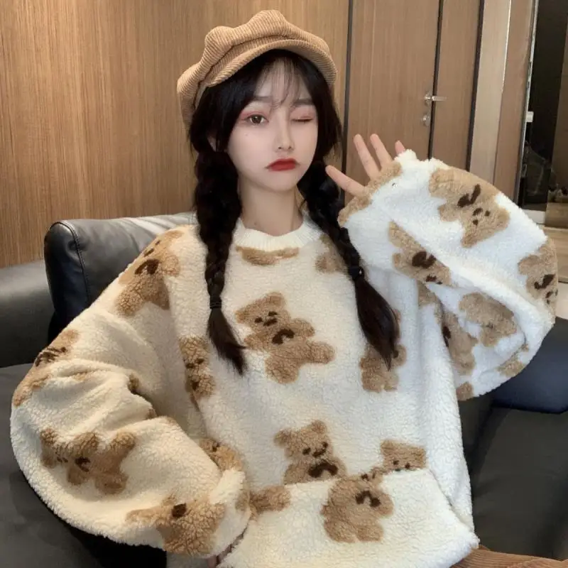 2021 korėjos versija ins pavasarį naują prarasti sustorėjimas lokys ėriukų vilnos megztinis ilgas rankovėmis hoodies moteris studentų banga