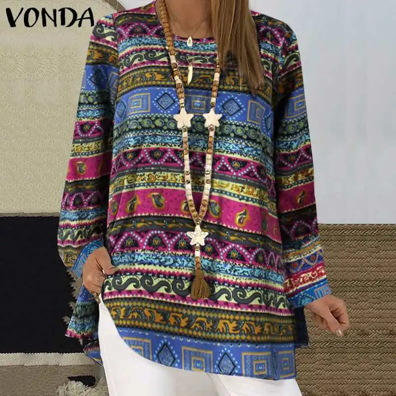 Moterų Tunika Modelis Atspausdintas Marškinėliai Retro Palaidinė VONDA 2021 m. Pavasarį Atsitiktinis Palaidų ilgomis Rankovėmis Blusas Beach Party Viršūnes Plius Dydis